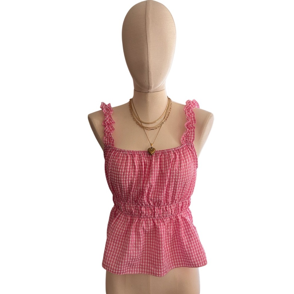 Wild Love Pink Gingham Ruffle Strap Peplum Top Size M
